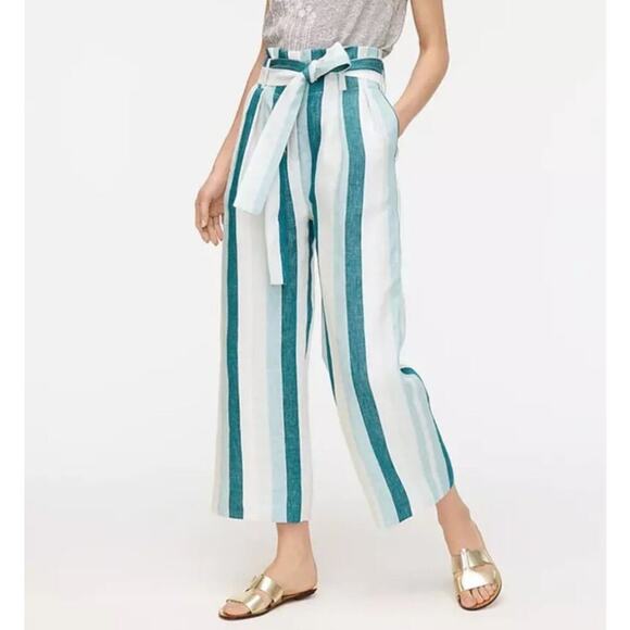 J. Crew Pants - J. Crew Size 8 Paper Bag Linen Wide Leg Pants Cabana Strip Turquoise Jade White